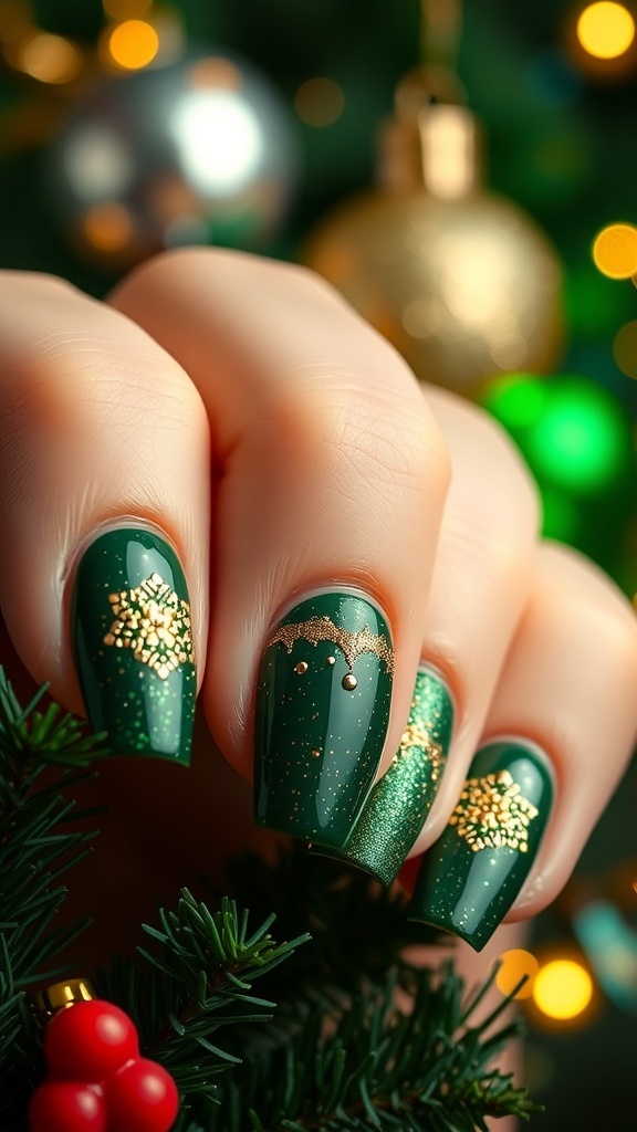 Close-up of jungle green Christmas nails with gold glitter accents in a festive setting.